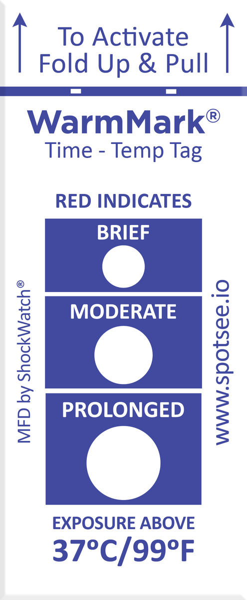 SpotSee, WarmMark Ascending Time-Temp Indicator; WarmMark Short-Run 37C/99F