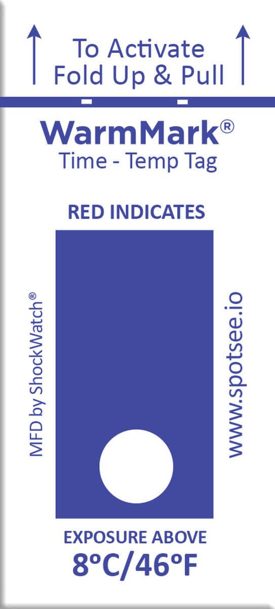 SpotSee, WarmMark Ascending Time-Temp Indicator; WarmMark SHort-Run 8C/46F 8 hour Single Window