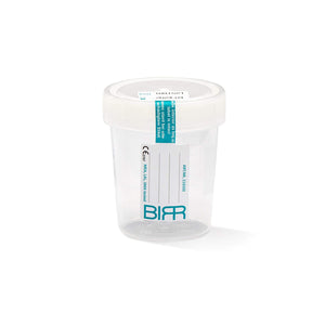 Semen Collection Container 100 mL individually wrapped with teal colored seal and manufacture name printed on seal