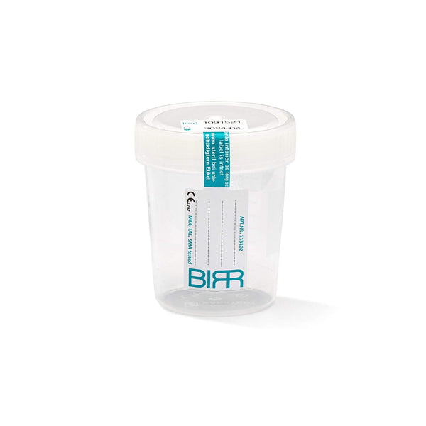 Semen Collection Container 100 mL individually wrapped with teal colored seal and manufacture name printed on seal