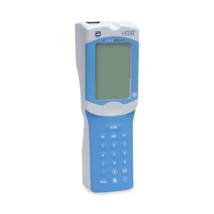 Blue and white handheld device "iSTAT" with digital display on a white background