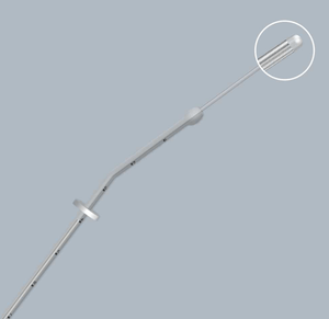 Bent Allwin medical Bulb Trans Star Embryo transfer catheter with a detailed close up on a gray background