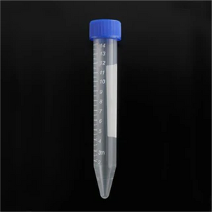 A clear Astec Bio 15mL centrifuge tube with a blue cap, marked with measurements on a black background