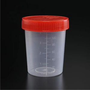 An Astec Bio clear sperm collection cup with a red lid, marked with measurement lines on a black background