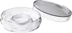 A clear SureGrip Center well dish, shown with lid off, intended for laboratory use.