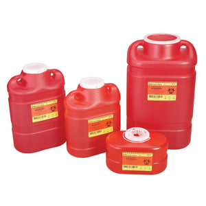 Set of red BD sharps containers with warning labels on a white background