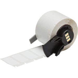 A roll of white, rectangular ultra-thin cryogenic polyester laboratory labels with a black printer ribbon, designed for use with M6 M7 printers.