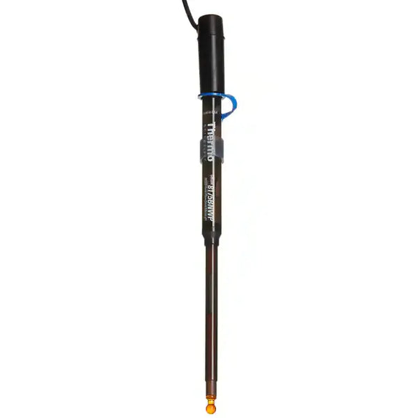 Image of Orion PH Electrode top to bottom all black except the bulb is orange and made of glass including black cord attached to the probe