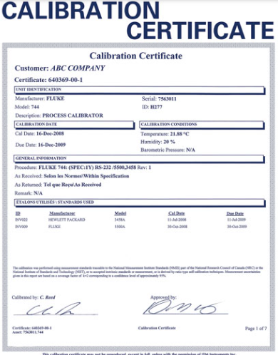 Calibration Certificates for RKI Single Gas Personal Monitors