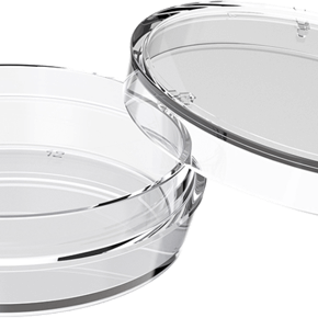 A clear, non-toxic medical grade polystyrene SureGrip 35mm dish with a lid, designed for laboratory use.