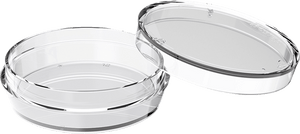 A clear, non-toxic medical grade polystyrene SureGrip 35mm dish with a lid, designed for laboratory use.