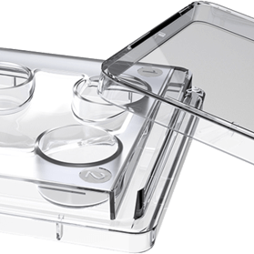 A clear, SureGrip  non-treated 4-well dish with a lid, designed for laboratory use with embryos, gametes, or cells.