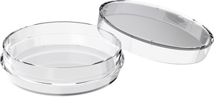 A clear, non-toxic medical grade polystyrene 60mm dish with a lid, designed for laboratory use.