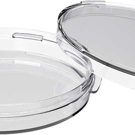 A clear Suregrip ICSI dish with an extended ring on the edge of the lid and extra handles on the lid and base.