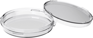 A clear Suregrip ICSI dish with an extended ring on the edge of the lid and extra handles on the lid and base.
