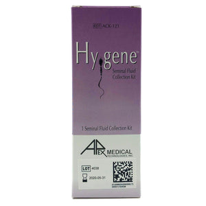 Apex Medical Technologies Hy-gene Seminal Fluid Collection Kit Box, purple and white on white background