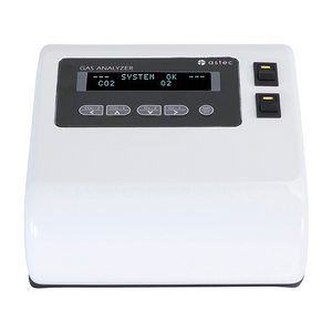 ASTEC branded CO2 gas analyzer with a digital display showing CO2 levels, housed in a compact, white rectangular body 