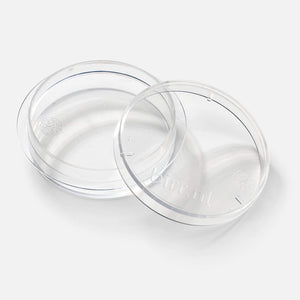 BIRR clear Culture Dishes 35 mm with lid off to the side of dish with printed company logo on top of lid