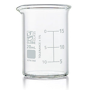 Beaker, Globe Glass, Low Form Griffin Style 20ml