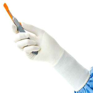 ENCORE® Latex Acclaim Gloves holding grey and orange instrument