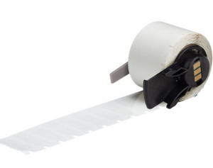 A roll of clear polyester labels designed for use with M6 and M7 printers, showing a small section of the labels with rounded corners and aggressive adhesive.