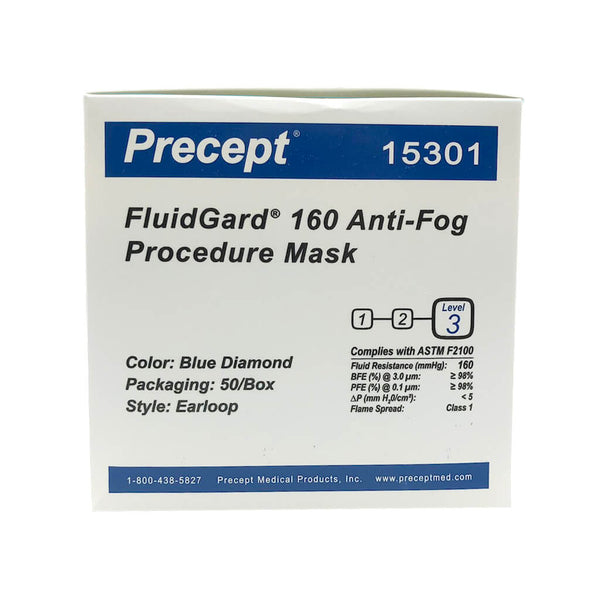    Precept Fluidgard 160 Anti-Fog Procedure Mask side of box