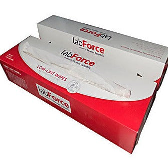 2 rectangular red and white boxes of low lint wipes