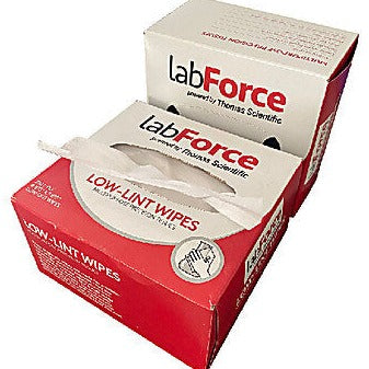 Box of Labforce low lint wipes 1 box open and 1 box closed on its side, red and white in color